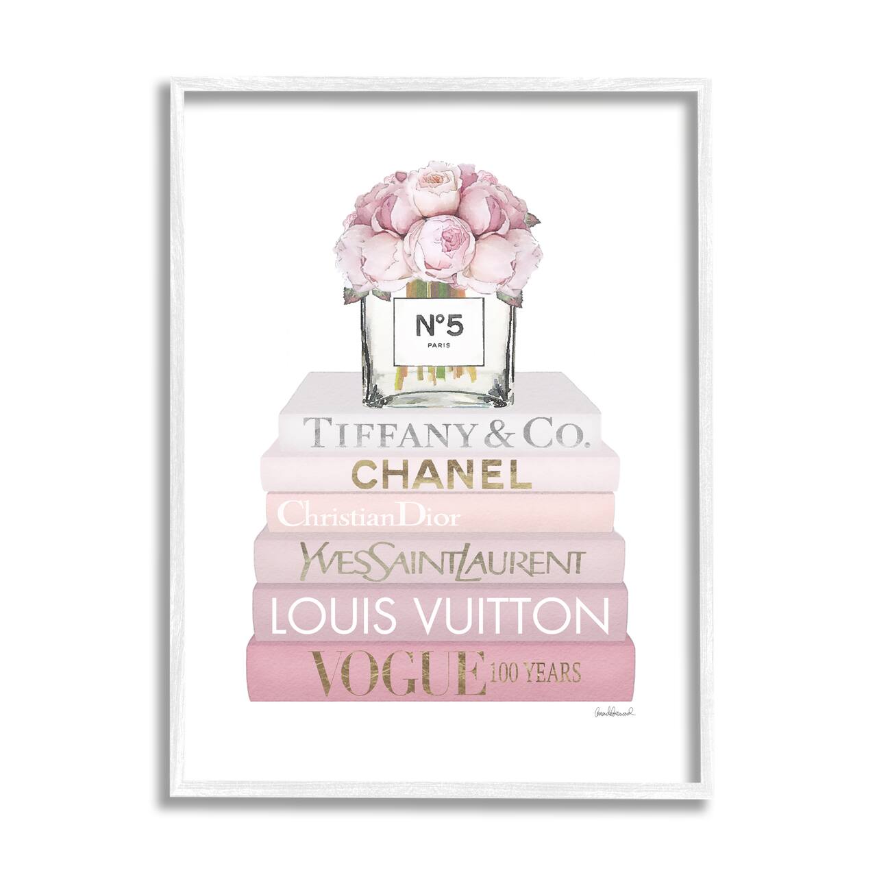 Stupell Industries Pink Rose Bouquet Fashion Style Bookstack Framed Wall Art